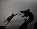 Girl Catching The Fairy Dragon And Holding It On The Thread, Scene From The Fairytale In The Dreamland, Black And Whitel