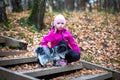 A girl of Caucasian appearance holds in her hands a small papillon dog. Blurred background. Walk in the park Royalty Free Stock Photo