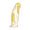 Girl caught flu, having high temperature standing and covered with a blanket. Colorful cartoon character