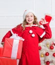 Girl celebrate christmas open gift box. Santa bring her gift. Winter shopping sales. Christmas spirit is here. Unpacking
