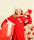 Girl celebrate christmas open gift box. Santa bring her gift. Winter shopping sales. Christmas spirit is here. Unpacking