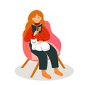 Girl in chair with book and cat. Concept design. Beautiful autumn nature with Flat young woman Royalty Free Stock Photo