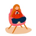 Girl in chair with coffee. Concept design. Beautiful cozy autumn nature with Flat young woman Royalty Free Stock Photo