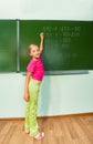Girl with chalk in hand writing equation Royalty Free Stock Photo