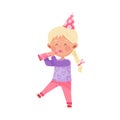 Girl Character in Birthday Hat Blowing a Whistle Vector Illustration