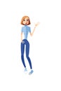 Girl character in a blue tshirt standing greeting and waving. Female character in a striped shirt and blue pants giving hi five. M