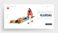 Girl Character Choose Accessories on Illegal Market Landing Page Template. Young Woman Choose Shoes