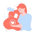 Girl character holds heart. Women Health.