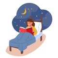 Girl Character Reading, Curled Up In Bed. Child Engrossed In A Book, Lost In A World Of Imagination, Vector Illustration Royalty Free Stock Photo