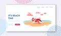 Girl Character Relax on Seaside Landing Page Template. Woman in Hat Lounging and Drinking Cocktail on Chaise Lounge