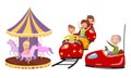 Girl Character Riding Horse Merry-go-round and Boys Riding Rollercoaster Vector Illustration Set