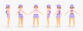 Girl character rotation animation front, side and rear view 3d render. Young contemporary woman with backpack in purple