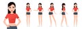 Girl character set isolated on a white background. Various poses. Woman dressed in shorts and a T-shirt. Mouth and body animation