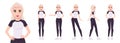 Girl character set isolated on a white background. Woman dressed in a T-shirt and jeans. Various poses. Mouth and body animation.
