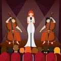 Girl character singing opera with pair of cellos Opera music concert Vector