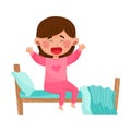 Girl Character Sitting on Bed and Yawning Waking Up in the Morning Vector Illustration