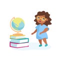 Girl Character Stand at Books Pile with Globe on Top. Back to School, Geography Lesson, Education and Knowledge Royalty Free Stock Photo