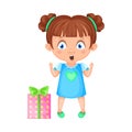 Girl Character Surprised Because of Gift Box Vector Illustration