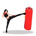 girl character in tracksuit and red gloves kicking sandbag. vector flat illustration.