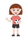 Girl character. Young sportive girl with ball. Design element for posters, banners, brochures, cards, flyers Royalty Free Stock Photo