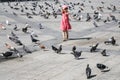 Girl chasing pigeons on urban square in Athens Royalty Free Stock Photo