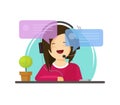 Girl chatting vector illustration, flat cartoon woman character with headphones with chat bubbles speech, concept or