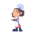 Girl Chef Cook Holding Plate with Cupcake, Cute Child Cooker Character Wearing White Hat and Apron Cooking Delicious