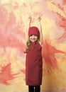 Girl in chef hat and apron with victory hands Royalty Free Stock Photo