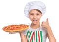 Girl chef holding pizza on white Royalty Free Stock Photo