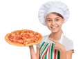 Girl chef holding pizza on white Royalty Free Stock Photo