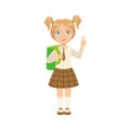Girl In Chekered Skirt With Tie Happy Schoolkid In School Uniform Standing And Smiling Cartoon Character