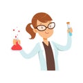 Girl chemist character, female scientist in white coat holding test flask vector Illustration Royalty Free Stock Photo