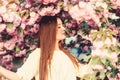 Girl in cherry blossom flower. Sakura tree blooming. Soft and tender. Gorgeous flower and female beauty. Woman in spring