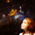 Girl with glowing butterfly like optimistic hope dream future concept