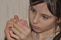 The girl, a child doing Christmas decorations. Focus, handjob