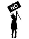 Girl child egoist with a crown on his head holds a poster with the word no. Vector Silhouette