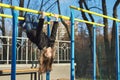 Girl child hanging upside down on outdoor sports playground with eyes closed Royalty Free Stock Photo