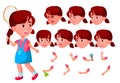 Girl, Child, Kid, Teen Vector. Happy Childhood. Abc. Face Emotions, Various Gestures. Animation Creation Set. Isolated
