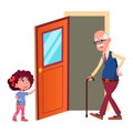 Girl Child Opening Door For Grandfather Vector