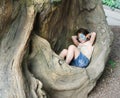 Girl child outdoors sit in tree with butterfly face painting Royalty Free Stock Photo