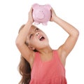 Girl child, piggy bank and shake for money, studio and thinking or searching for saving by white background. Confused