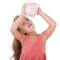 Girl child, piggy bank and shake for savings, studio and thinking with search for money by white background. Confused