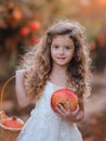 Girl child in a pomegranate garden with a basket full of pomegranates.