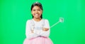 Girl child, princess and face in green screen studio with smile, happiness and playing game for fantasy. Happy young