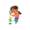 Girl Child Researching Plant With Magnifier Vector