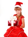 Girl child santa clause in red dress, gift box.