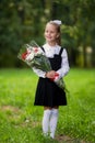 A girl child in school uniform goes to the school on September 1st. The girl is holding a bouquet of flowers. Close-up Royalty Free Stock Photo