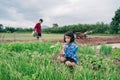 Girl child sitting in organic vegetables garden and blurred boy watering the plants on sky background in rural or countryside Royalty Free Stock Photo