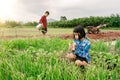 Girl child sitting in organic vegetables garden and blurred boy watering the plants on sky background in rural or countryside Royalty Free Stock Photo