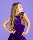 Girl child wear velvet violet dress. Clothes for ballroom dance. Kid fashionable dress looks adorable. Ballroom